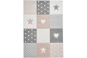 LUX Rugs Pink Hearts & Stars Square Design Childrens Floor Rug 60cm x 120cm | 100% Polypropylene | Heat Set Yarn | Soft Pile | Highly Durable | Kids Mat