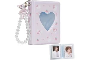 Babyfond 3 Inch Mini Photo Album, 40 Pockets Heart Hollow Card Binder Cartoon Bear Photo Album, Kpop Idols Card Binder with Pearl Bear Hanging chains (Pink Bear)