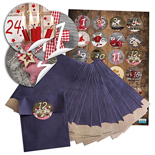 Download Set 24 Sacs bleues Calendrier de l'Avent (9,5 x 14 cm) et 24 ronds motifs autocollants 4 cm 1 photo jusqu'à 24 pour travaux manuels et remplir