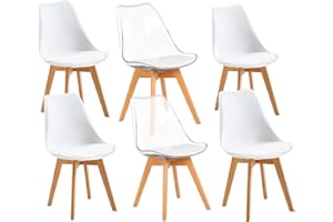 EGGREE Lot de 6 Chaises Salle à Manger Scandinaves SGS Tested Chaises de Cuisine, Rembourrée Chaise de Bureau, Pieds en Bois de Hêtre Massif, 4 Blanc + 2 Transparent