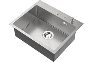Auralum Fregadero Cocina Un Seno 55x45cm, Fregaderos de Cocina de Acero Inoxidable con 2 Agujeros de Montaje y Escurridor, Fregadero Sobre Encimera o Enrasadode