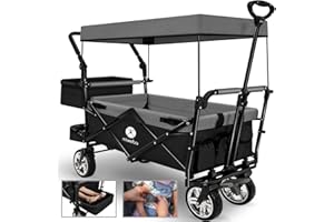 ‎MIWEBA Miweba Foldable Handcart MB-20, Sun Canopy, UV-Resistant, 2 x Seat Belts, Transport Trolley for Children, Load Capacity 100 kg, Trolley, Parking Brake, Hard Rubber Tyres (Black/Grey)