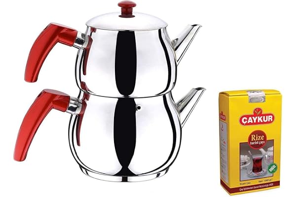 Caydanlik - Théière Turque en Acier Inoxydable - Grande Taille + Cadeau Gratuit 500 g de thé Noir Turc