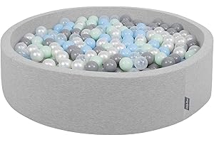 KiddyMoon Soft Ball Pit Round 120X30cm/200 Balls ∅ 7Cm / 2.75In For Kids, Foam Ball Pool Baby Playballs Children, Made In The EU, Light Grey:Pearl-Grey-Transparent-Babyblue-Mint
