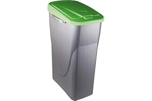 M home by Mazzei Mondex - Poubelle de Tri Sélectif 25L en Plastique - Ouverture facile Push - Cuve Gris Silver avec Couvercle de Couleur Vert - Idéale pour Cuisine, Cellier - Fabriquée en France
