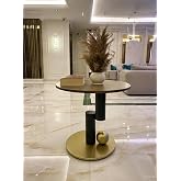 Modern Minimalist Yuvarlak Sehpa, Doğal Ahşap Y&uuml;zey, Silindirik Metal Taban, Oturma Odası ve Koridor i&ccedil;in Şık Dekoratif Masa