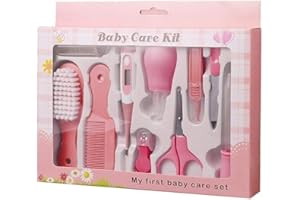 TEEROVA Baby Grooming Kit 10pcs Newborn Nursery Health care Set Baby Nail Clipper File Scissor Tweezer Thermometer Brush Comb (Pink)