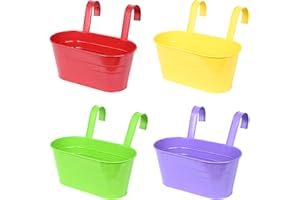 Atoke 4 Pack Metal Hanging Flower Pots for Railing Fence,27.5cm Large Plant Pot Hanging Bucket Pots flower Plant Holder with Detachable Hooks for Balcony Porch Garden Home Decors