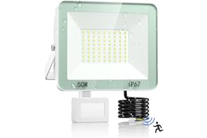 VRTOGTHE Foco LED Con Sensor De Movimiento - 50W 5000LM Proyector LED Exterior con 72 LEDs y IP67 Impermeable, 7000K Blanco Focos LED Exterior para Jardín, Patio, Garaje, Fábrica