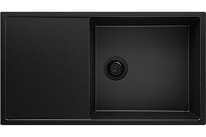 PRIMAGRAN Evier Cuisine en Granit Tout Noir 90x50cm, Lavabo 1 bac + Kit de Vidage, Évier à Encastrer al mueble 60cm - Ibiza S040