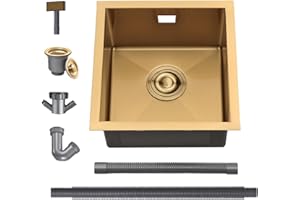 Glod Kitchen Sink, 40X40CM Small Sink Stainless Steel Single Bowl, BoomHoze Outdoor Campervan with Overflow, Drainer Fittings, Undermount, Top Mount, Drop in Flushmount Installation, Glod