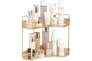 CESTATIVO Corner Bathroom Counter Organiser, Vanity Trays for Bathroom, Skincare Makeup Organiser Shelf, Vanity Organiser, Bathroom Counter Shelf for Cosmetics, Toiletries, Lotions, Perfumes (2 Tiers, Amber)