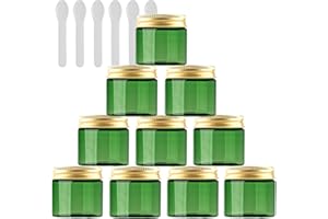 PQPAUTY 12 Stück Kleine 50 ml Grün Kunststoff Leere Cremedose Dose mit Gold Deckel 50 g Leerdose Schraubdose Blechdosen Kosmetische Behälter Tiegel, 6 Stück Spatel