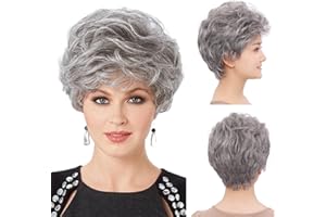 BESTUNG BESTING corto gris plata sintéticas pelucas esponjoso poco rizado ondulado mamá gris disfraz pelucas para antiguo medio edad Mujeres Office Lady