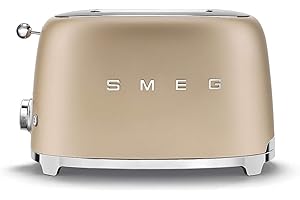 Smeg, Tostapane 2x2 TSF01CHMEU, 2 Scomparti da 36mm, 6 Livelli di Doratura, Funzione Riscaldamento, Scongelamento e Bagel, Espulsione Automatica del Pane, Cassetto Raccoglibriciole, 950W, Champagne