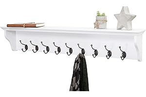 ELEGANT BRANDS LTD Elegant Brands Wall Mounted Coat or Towel Rack with Shelf, White Wooden and 9 Double Hooks Suit Hall, Bathroom, Kitchen and Cloakroom, Richmond Range