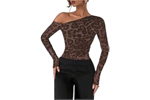 GORGLITTER Women's Leopard Print One Off Shoulder Bodysuits Long Sleeve Ruched Mesh T Shirts Tops Elegant Leotards