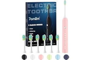 7AM2M Sonic Electric Toothbrush for Adults and Kids, One Charge for 90 Days, with 6 Brush Heads, 5 Modes with 2 Minutes Build in Smart Timer, Roman Column Handle Design (Pink)