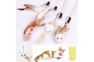 croselyu Cat Toy Feather, Interactive Cat Toy Set | 5 Natural Wooden Sticks, 5 Different Plush Toys, Natural Feathers, Plush Toys and Elastic Rope (style4)