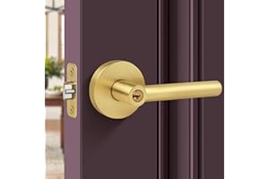 Gaurqiah Entry Door Lock with Keys,Brushed Gold Door Handles, Heavy Duty Door Lever, Round Door Handle for Exterior/Interior Doors, Reversible Door Lever for Bedroom or Office-Satin Brass Finish