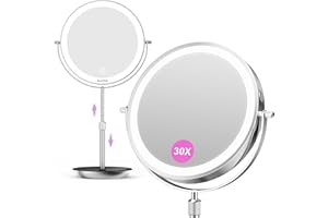 Auxmir 9" Miroir Grossissant Lumineux, 1X/30X Double Face, Miroir de Maquillage Réglable en Hauteur de 38 à 47 cm, Miroir de Table 3 Couleurs Lumière Réglables, 3000mAh Chargement USB Rotation à 360°