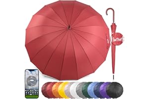 Royal Walk Parapluie Automatique pour Homme et Femme Résistant aux Vent, Solide, Anti Tempete, XXL Grand Taille, Parapluie Canne, De Golf, Pour 2 Personnes, Poignée en Bois, 16 Baleines, 120 cm Rouge