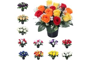 MR. BARRY'S HANDMADE Mr. Barry’s Rose Artificial Flowers in Grave Flower Pots – UV-Resistant, Long-Lasting Design for Cemetery, Grave Displays, Home & Garden Memorial Arrangements (Yellow Orange & Red)