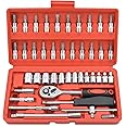 Gunpla 46 Piece 1/4" Drive Socket Wrench Driver Bits Metric Set Flexible Extension Rods with Reversible Ratchet Spanner for Car Bicycle Motor