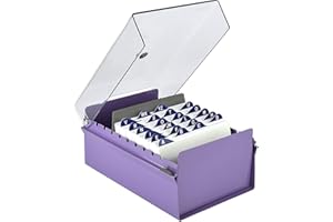 Acrimet 4'' X 6'' Card File Holder Organizer Box Metal Base Heavy Duty (AZ Index Cards 155mm width x 115mm height and Divider Included) (Purple Color with Clear Crystal Plastic Lid Cover)
