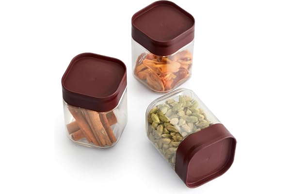 CELLO Modustack Square Pet Storage Jar For Kitchen Set of 3 Pieces, 300 ml Maroon Freezer & Fridge Safe, Airtight Stackable Pet Kitchen Storage Box Jar Container Set For Beans, Whole Grains, Spices
