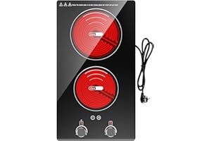 VBGK Double Ceramic Hob, 3000W Plug in Electric Hob Dual Zone with Knob+Touch Control, Electric Cooker with Safety Lock & Timer, 9 Power Levels, 220V-240V