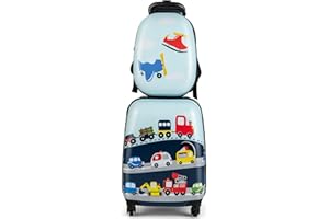 COSTWAY Valise Enfants à roulettes 16’’ & Sac à Dos 12’’ avec Poignée Télescopique, Bagage Enfants avec Motif Voiture d'avion, 4 Roues Rotatives, Lot de 2 Valise pour Fille Garçon (Voiture)