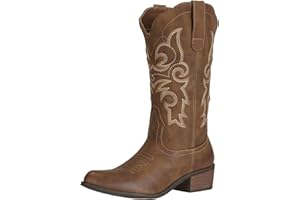 J's.o.l.e Ladies Cowgirl Cowboy Boots for Women Leather Mid Wide Calf Country Riding Western Wedding Shoes