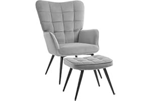 ‎HOMCOM HOMCOM Ohrensessel mit Hocker, Loungesessel, Relaxsessel, Polstersessel mit Samtoptik, Fernsehsessel, Esszimmerstuhl bis 120 kg, für Wohnzimmer, Hellgrau