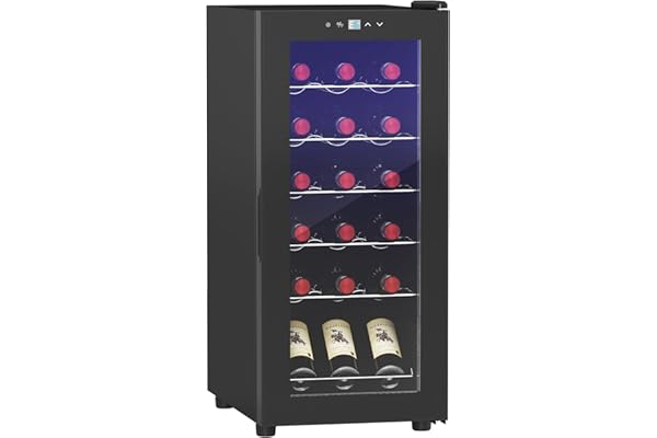 HOMCOM Cave à vin 18 bouteilles 50L réfrigérateur à vin silencieux avec porte en verre, étagères réglables, éclairage LED, écran tactile numérique, frigo vin contrôle de la température 5-18°C, noir