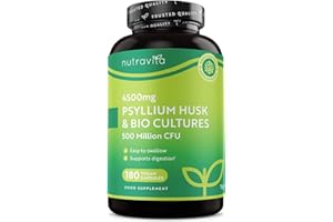 Psyllium Blond 4500mg Vegan avec 500 Million de CFU - 180 Psyllium Gelules pour 3 Mois - Complement Alimentaire Transit Intestinal (EFSA) - Nutravita