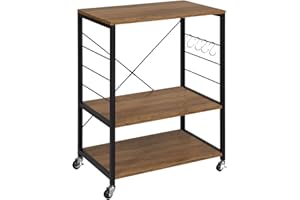 WOLTU Scaffale da Cucina con Ruote, Carrello Cucina a 3 Livelli, Scaffale per Microonde con 4 Ganci, Carrello da Bar con Struttura in Metallo, Marrone Rustico+Nero, 60x40x82,5 cm