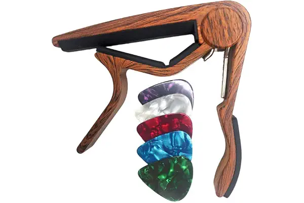 WINGO Cejilla para Guitarra Española Clásica con 5 Púas, Color Madera | Aleación de Aluminio Guitar Capo, Goma Más Larga, Ajuste Perfecto, Sin Zumbidos