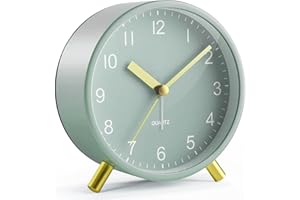 Jisile Réveil Analogique Silencieux sans Tic-Tac, Réveil Métallique Rétro avec Veilleuse et Grand Cadran, à Piles, Vert Menthe avec Détails Dorés pour Chambre, Bureau