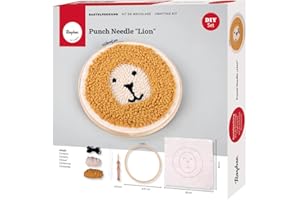 Rayher DIY Bastelpackung Punch Needle Set “Lion”, Sticken für Anfänger, Punch-Nadel, Stickrahmen 21 cm ø, Stoffzuschnitt, Wolle, 43003000, Bunt