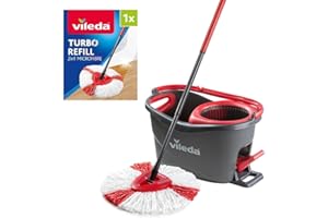 Vileda Turbo Microfibre Mop and Bucket Set with Extra 2-in-1 Head Replacement, Spin Mop for Cleaning Floors, Set of 1x Mop, 1x Bucket and 1x Refill
