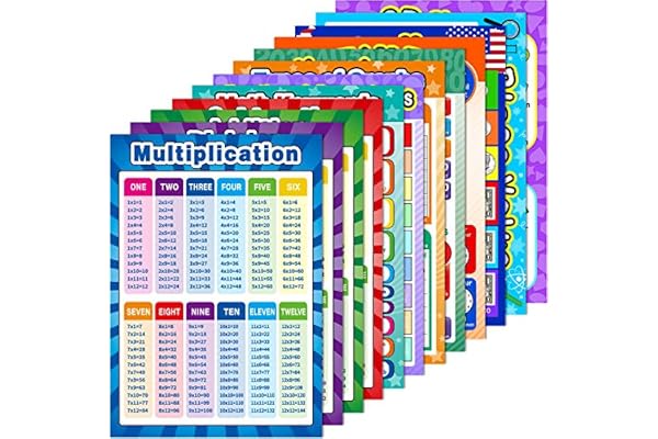 12 Pièces Affiches Mathématiques Éducatives Pourenfant avec 120 Point de Colle pour École Primaire et Intermédiaire Salle de Classe Enseigner Division de la Multiplication, 16 x 11 Pouces, Anglais