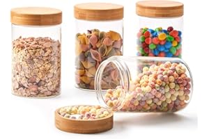 EZOWARE 4 Pcs Tarros de Almacenamiento Recipientes Organizador de Vidrio Borosilicato con Tapa Hermético de Madera Bambu y Aluminio para Cocina o Baño - 1360ml