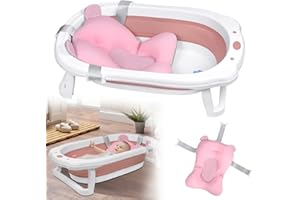 LZQ Babybadewanne Babywanne Baby Badewanne Faltbar mit Babywannenmatte Babybadenetz Entwässerungsloch, Stabil Rutschfest Tragbar Geeignet für 0-8 Jahre Alt Babys Kinder (Rosa)