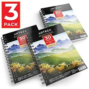 Arteza Bloc Aquarelle A4 100% Coton - 14 Feuilles 140 Lb/300 G/m², Papier Sans Acide, Idéal Aquarelle & Techniques Mixtes