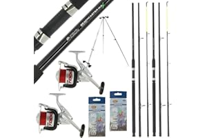 DNA LEISURE 2x Sea Fishing Beachcaster Rod 12ft 3pc & 2x 1BB Reel 20lb Red Lined Spooled Combo & 110-180cm Telescopic Tripod