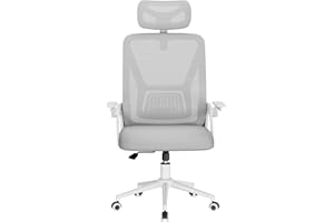 naspaluro Silla de Oficina, Silla de Oficina Ergonómica con Brazos Abatibles 90°, Soporte Lumbar de Diseño Exclusivo, Reposacabezas Ajustable, Tapicería de Malla Transpirable Escritorio, Gris