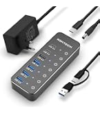 Hub USB Alimenté, RSHTECH Hub USB 3.2/USB C à 7 Ports avec 3*10Gbps Data Port (USB-A, 2*USB-C), 4*5Gbps USB 3.0 Ports, Touch Switch, 2-in-1 Data Cable (100cm), Adaptateur Alimentation 5V, RSH-ST07C