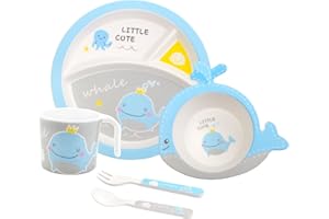 NOHLERLIFE Kids Feeding Set 5 Pcs, Tableware Set for Toddlers Includes Plate Bowl Cup Fork and Spoon Utensil Flatware, Kids Flatware Set Dishwasher Safe, BPA Free (Whale)