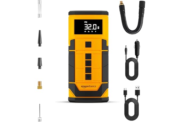 amazon basics 2-in-1 Digital Tyre Inflator 150 PSI Dual-Mode Portable Air Compressor 3x2000 mAh Battery Copper Winding Motor, LED Light, Auto Shut-off Multiple Nozzle for Cars, Bikes Orange, Black